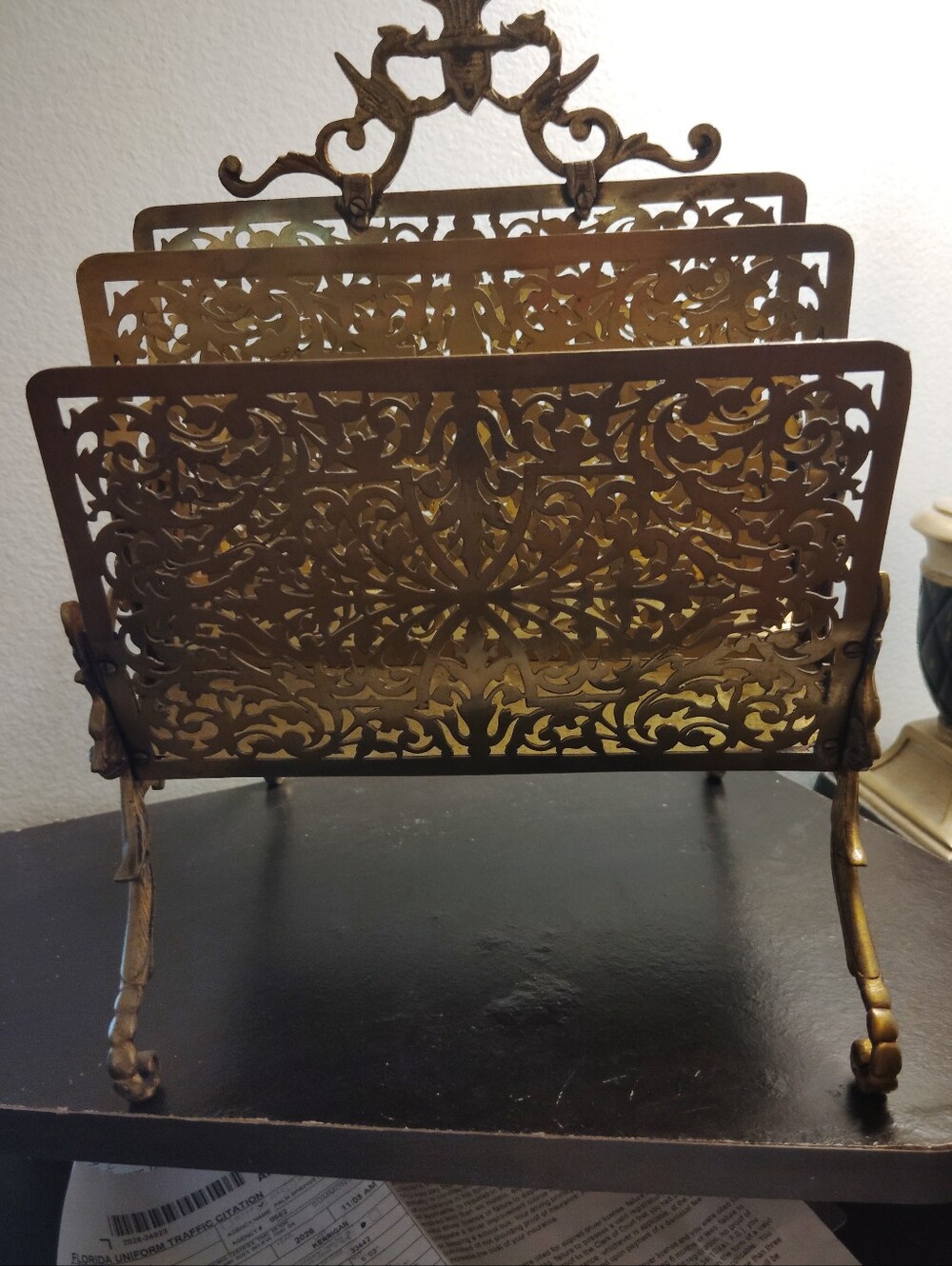 Antique Brass Reticulated Letter Holder 4 Sections Hollywood Regency Art Nouveau